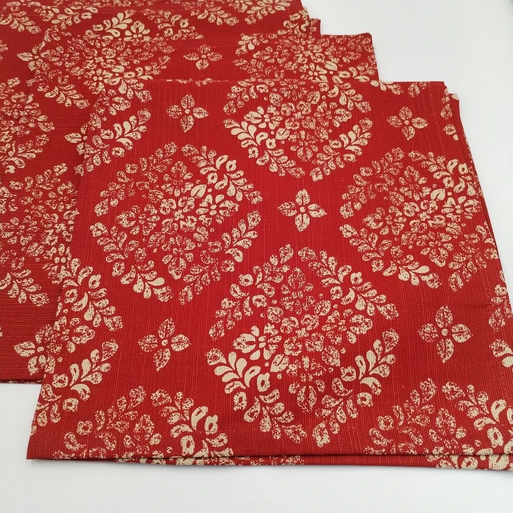 Set of 4 O HOME Cloth Napkins Red‎ Tan Damask Floral Woven Dinner 20